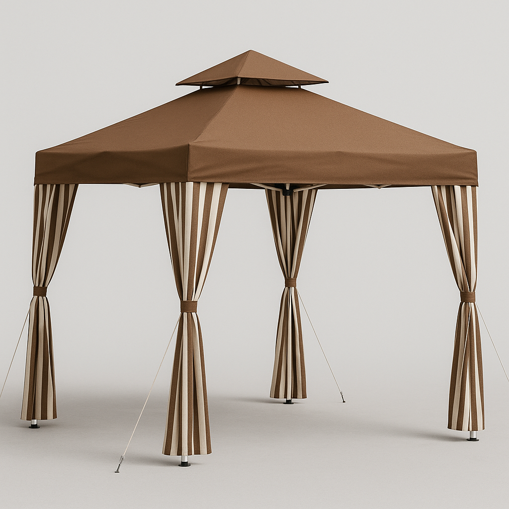 Carpa cenador plegable de jardín 3x3x3.5 m con doble techo y cortinas laterales, estructura de acero, poliéster 160g/m² marrón/beige