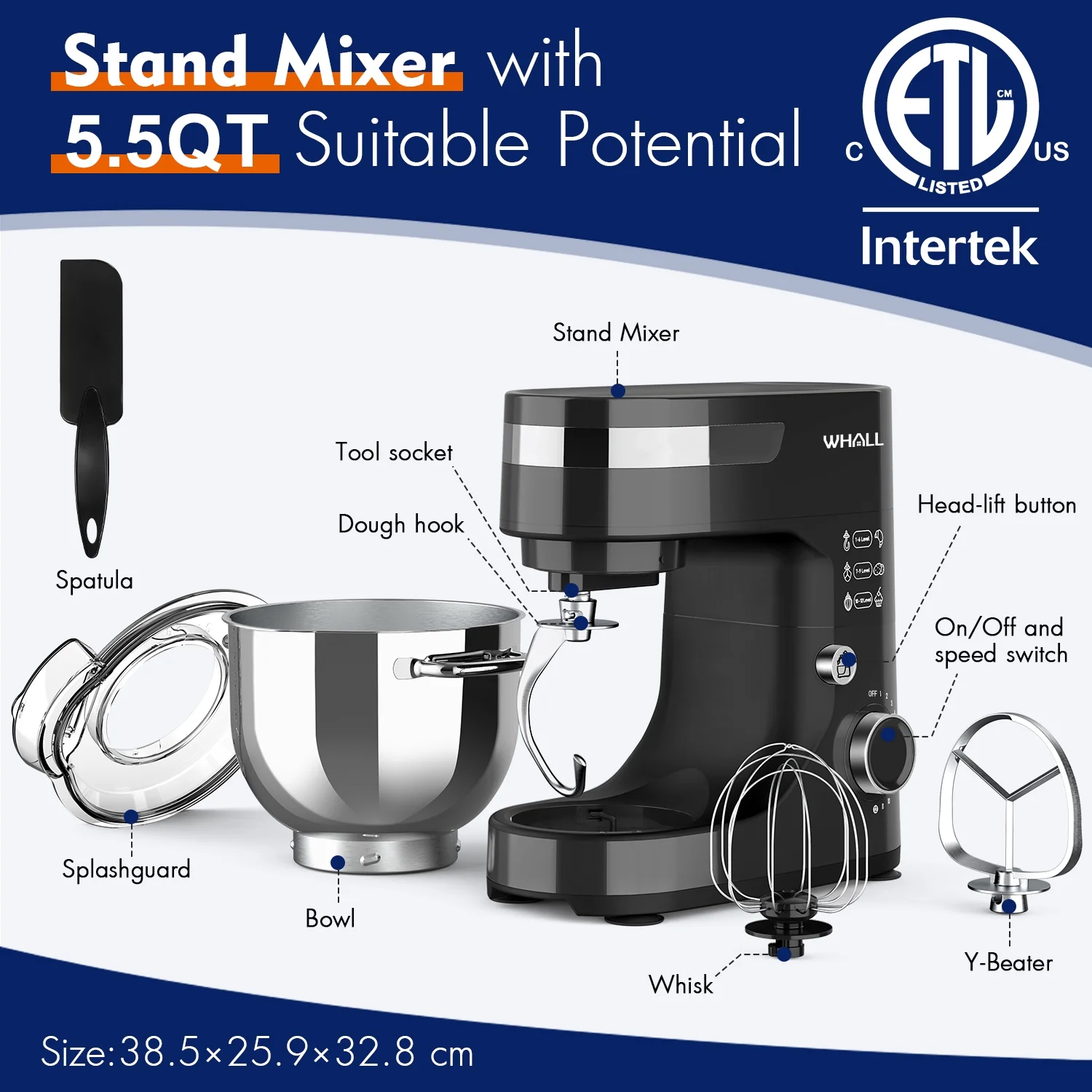WHALL Stand Mixer - 5.5Qt 12-Speed Tilt-Head Electric Kitchen Mixer with Dough Hook/Wire Whip/Beater, Stainless Steel Bowl (Black) New - Image 7