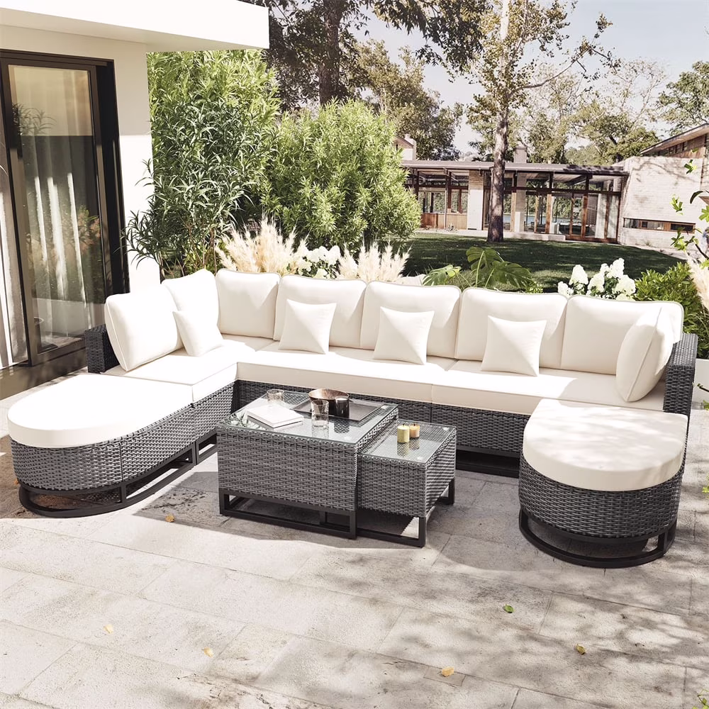 8 Pieces Outdoor Wicker Round Furniture Set, All Weather Half-Moon Sectional Patio Sofa Sets with Rectangular Coffee Table, Beige - Image 5