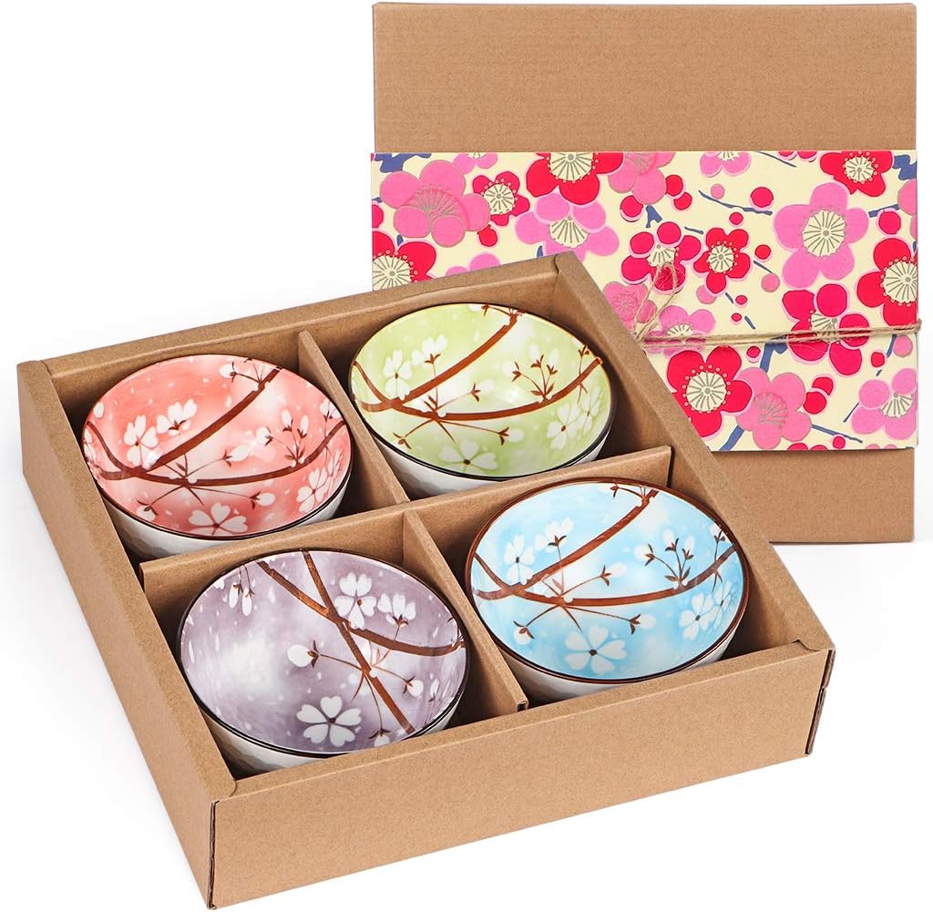 Ceramic Rice Bowls 10 oz, Japanese Style Bowl Gift Set, Assorted Dinnerware Serving Bowls for Cereal, Soup, Dessert, Snack, Fruit, Salsa, Pack of 6 (Blue and White)