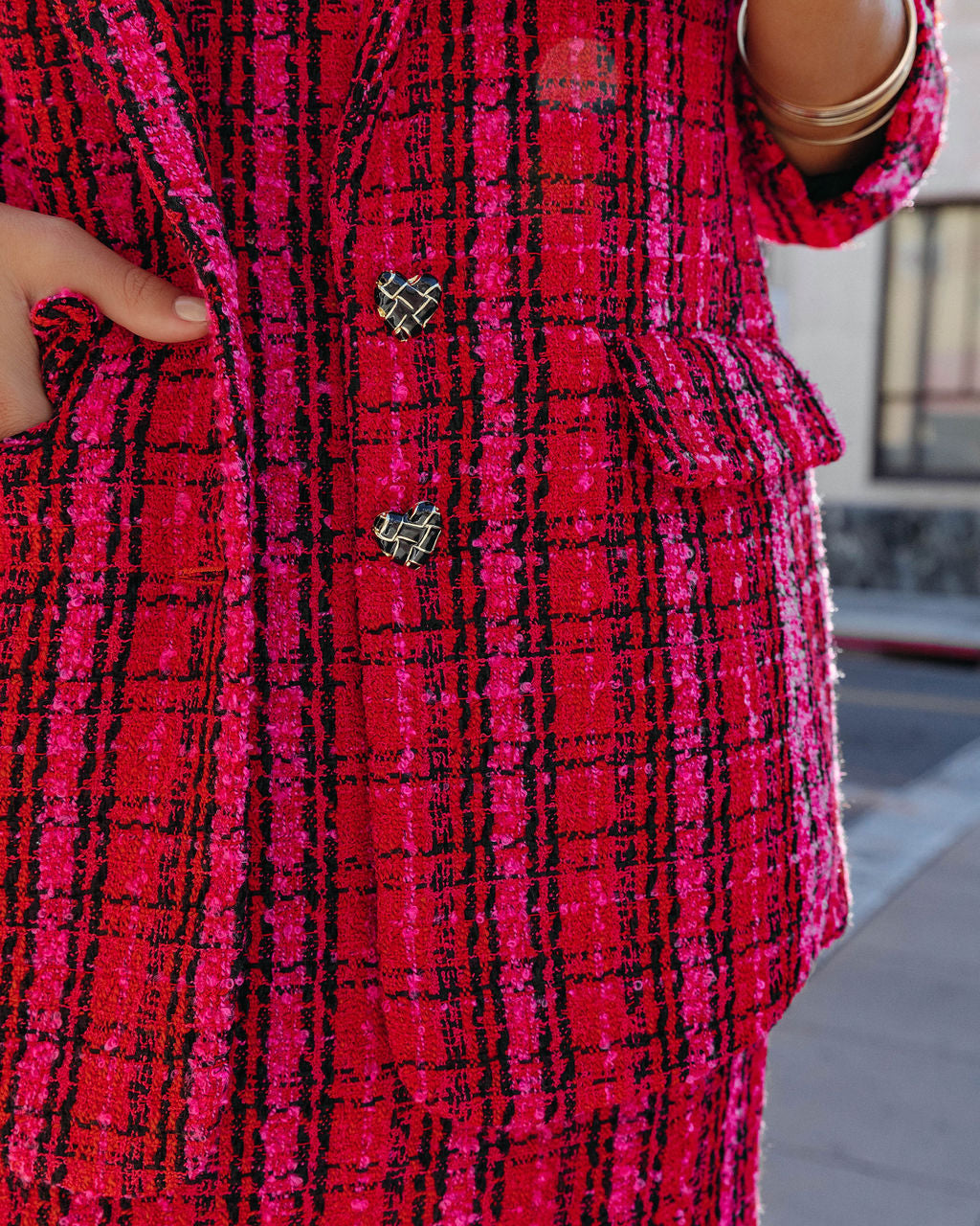 Just Like Me Tweed Pocketed Plaid Blazer - Se7enfashion