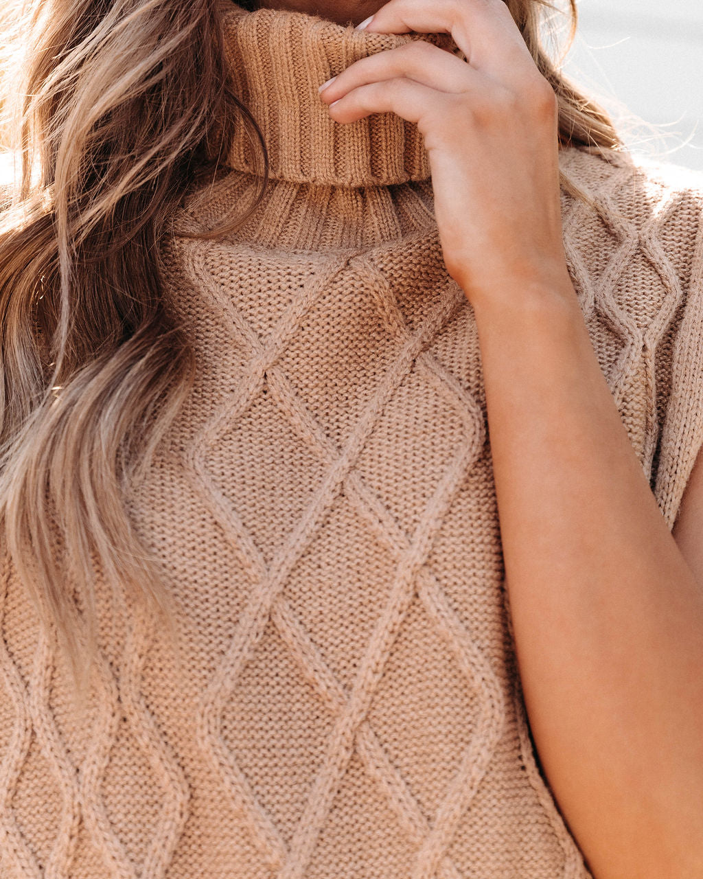 Cassandra Cable Knit Turtleneck Sweater Vest - Latte - Se7enfashion