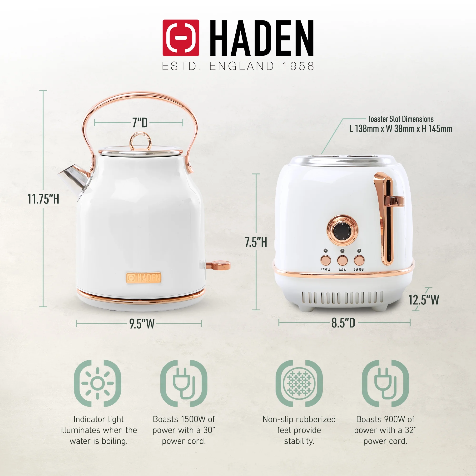 Haden Heritage 1.7 Liter Electric Kettle with 2 Slice Bread Toaster, White - Image 49