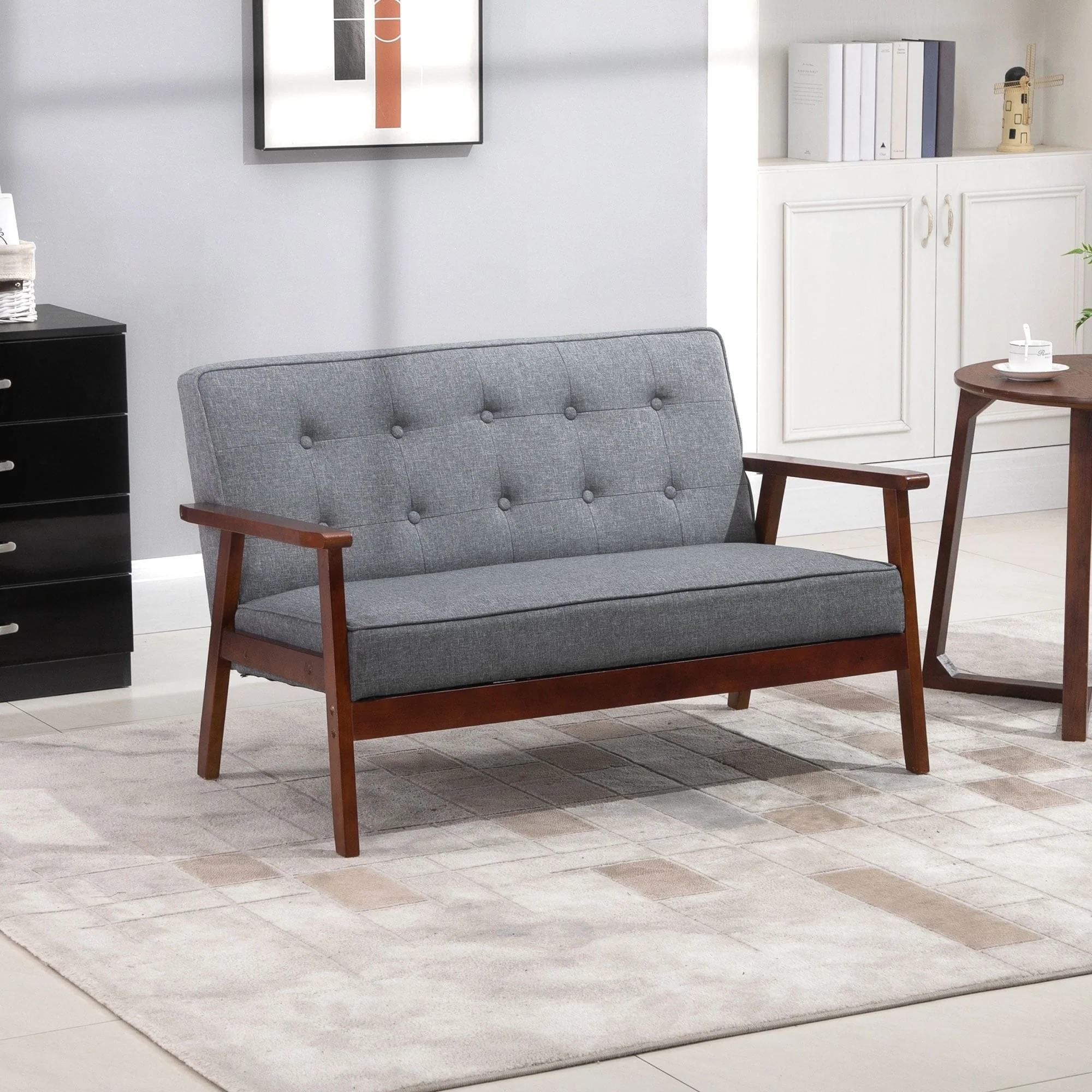HOMCOM Modern Upholstered 2-Seat Loveseat Sofa with Linen-Touch Fabric and Rubberwood Legs, Grey - Image 2