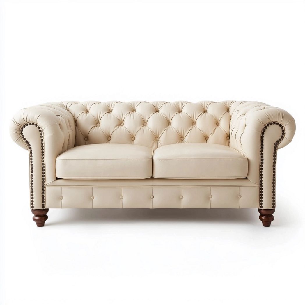 Sofá Clásico Chesterfield Cuero Sala de Estar 220cm Crema