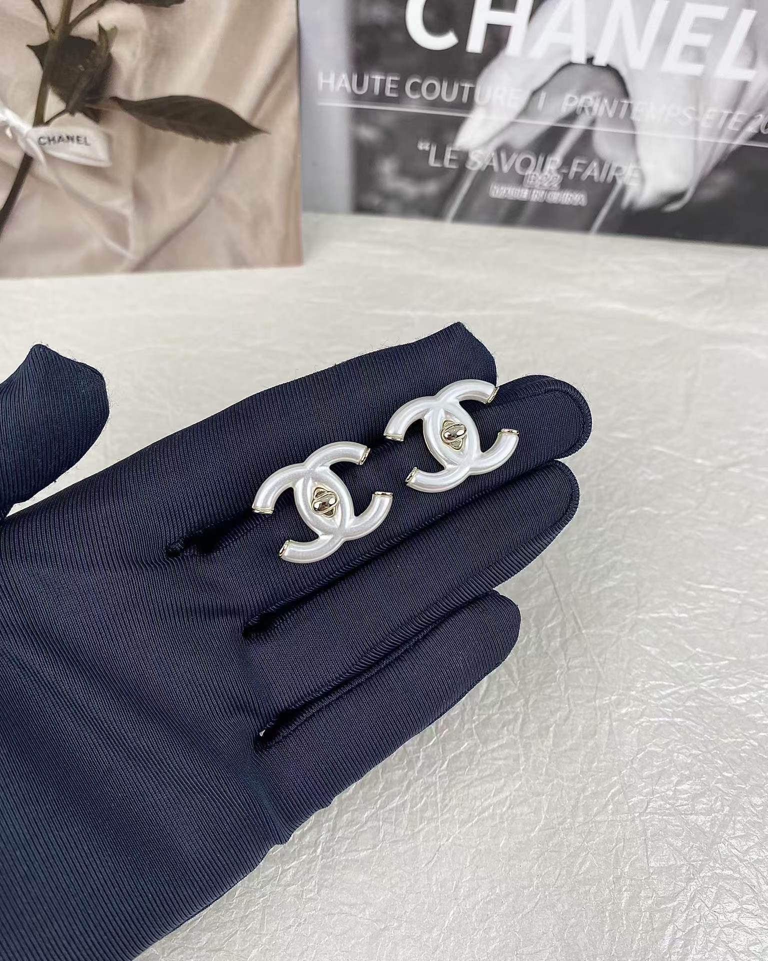 Chanel White Double C Stud Earrings - Original Replica Club