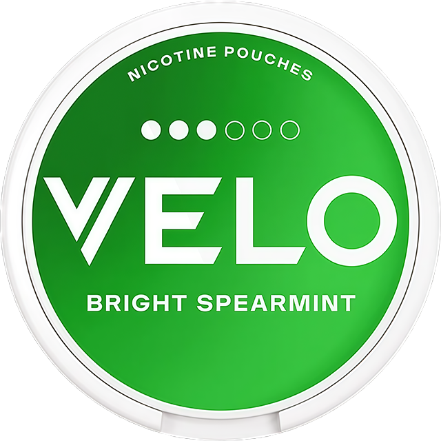VELO Bright Spearmint 10mg nicotine pouches — Slim Moist can with 20 strong bright-spearmint pouches