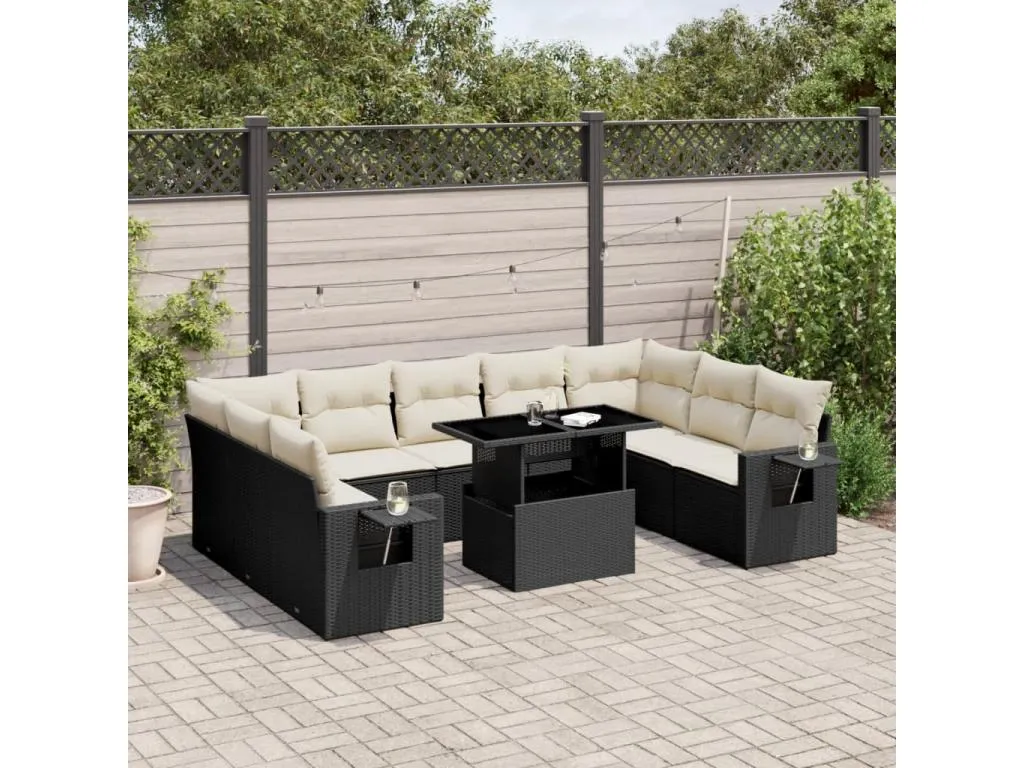 Set de sofás de jardín 10 piezas cojines ratán sintético negro