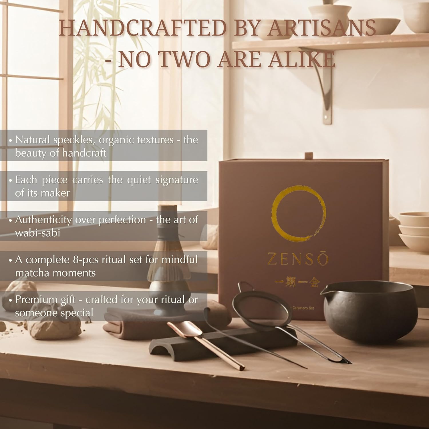 ZENSO Premium Matcha Whisk Set – 8 Piece Japanese Matcha Tea Ceremony Kit | Handmade Ceramics - Matcha Bowl, Purple Bamboo Whisk, Whisk Holder, Sifter, Scoop & Scoop Holder, Cloth, Spoon - Dark Gray