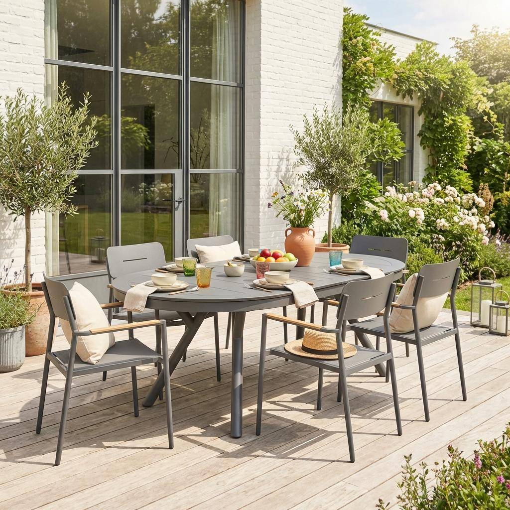 Metora + Fira - Conjunto mesa de jardín ovalada extensible de aluminio con 6 sillas