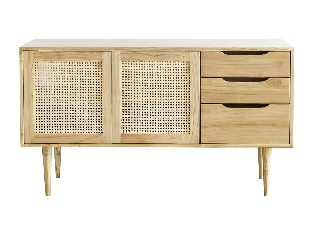 Mueble de baño doble de madera de mindi maciza y rejilla de 135 cm