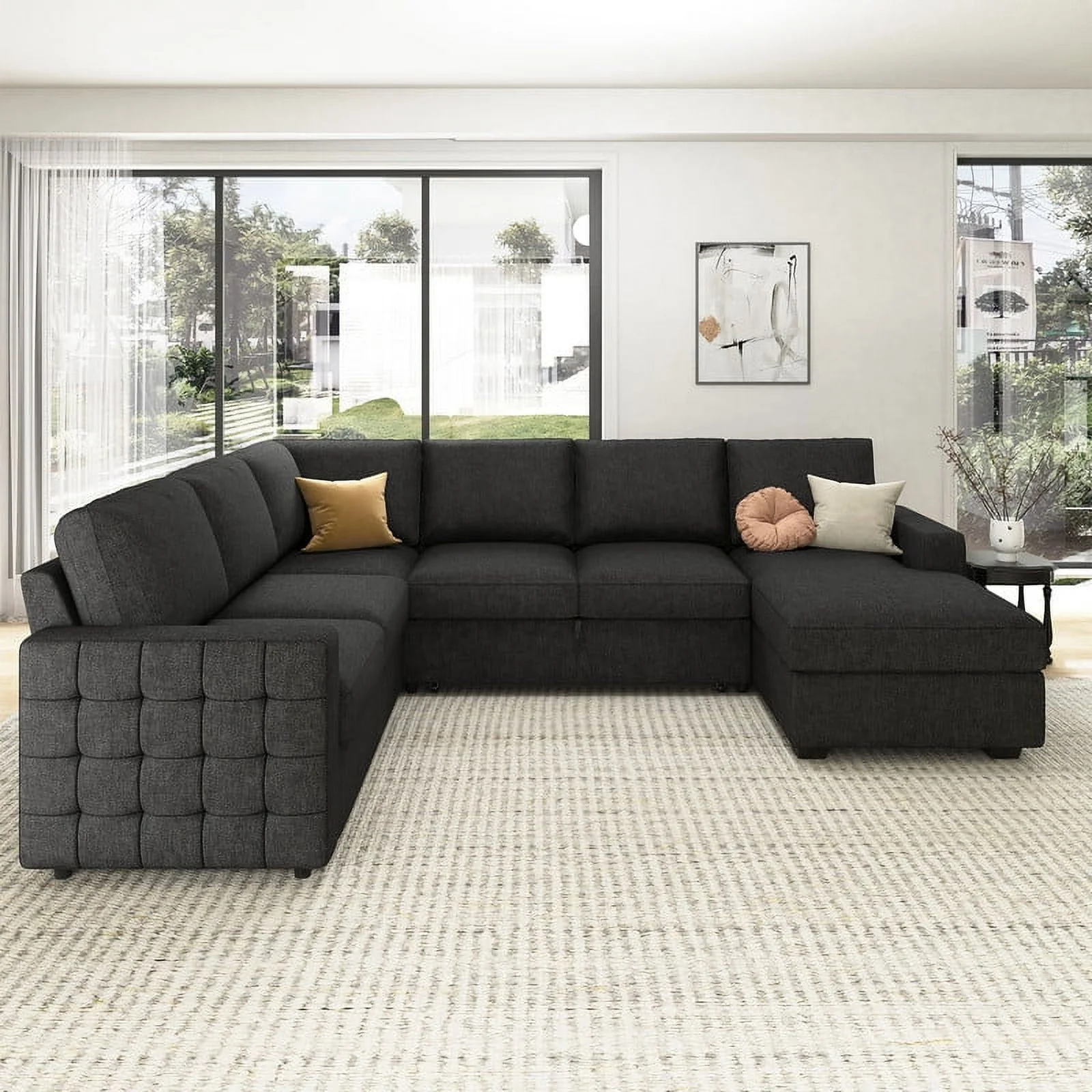 HONBAY Modular Sectional Pull-Out Sofa Bed with Storage Velvet U-Shaped Convertible Sleeper Sofa for Living Room, Blue - Image 29