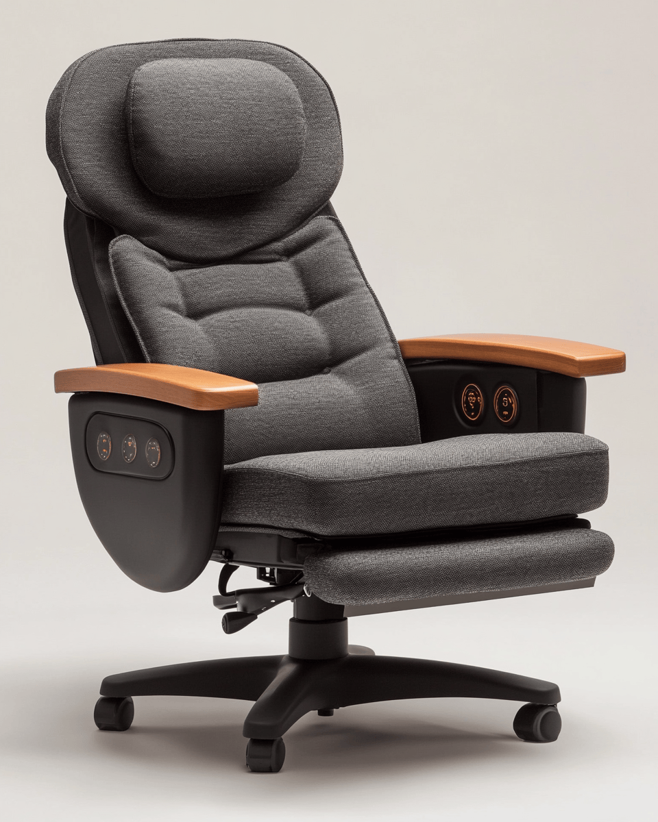 Sillón de oficina reclinable – tela gris y negro – con masaje y reposapiés ajustable
