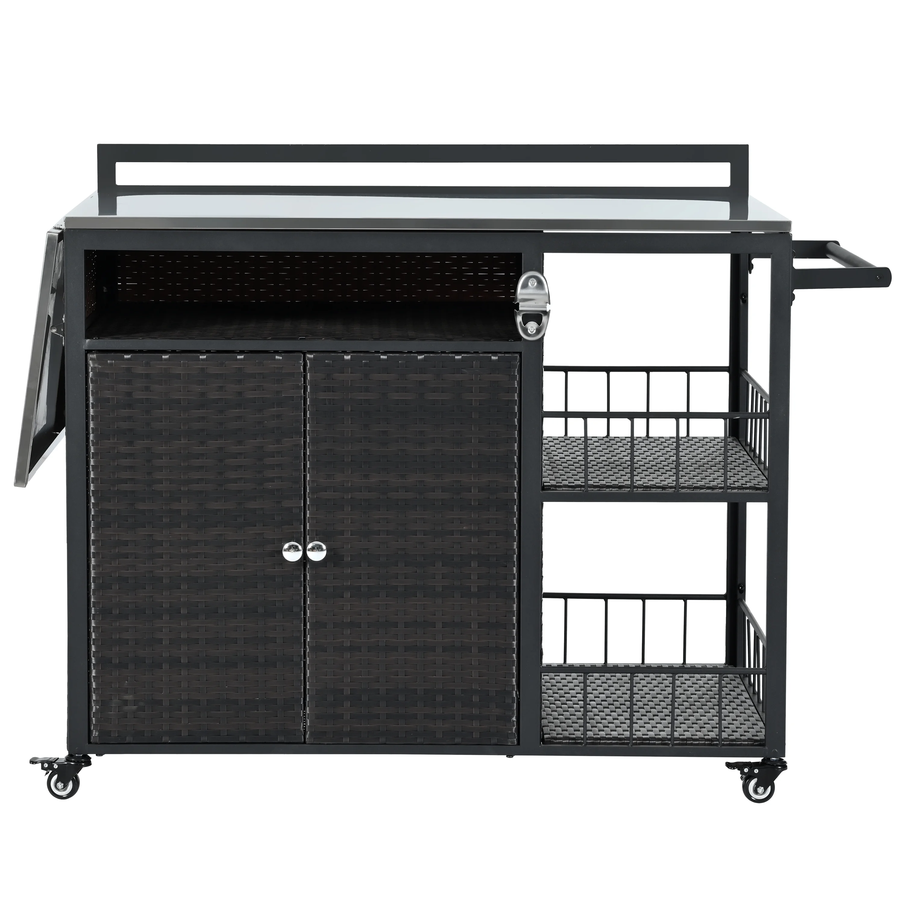 Euroco Outdoor Rolling Bar Cart with Foldable Stainless Steel Tabletop, Storage Cabinet, Bottle Opener & Lockable Wheels, PE Rattan Patio Kitchen Serving Station for BBQ & Entertaining - Image 9