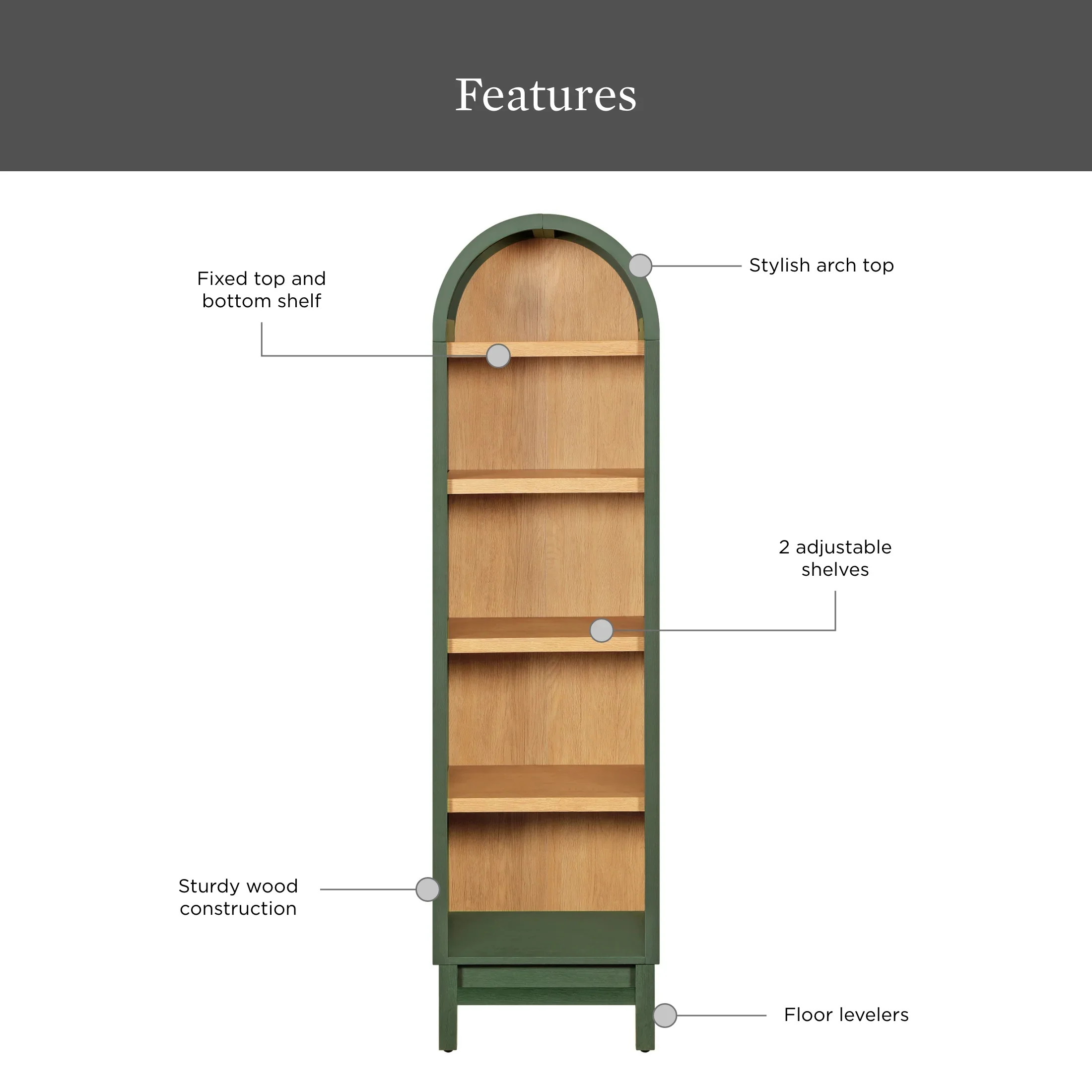 Better Homes & Gardens Juliet Narrow Arch Bookcase, Deep Green and Light Honey
