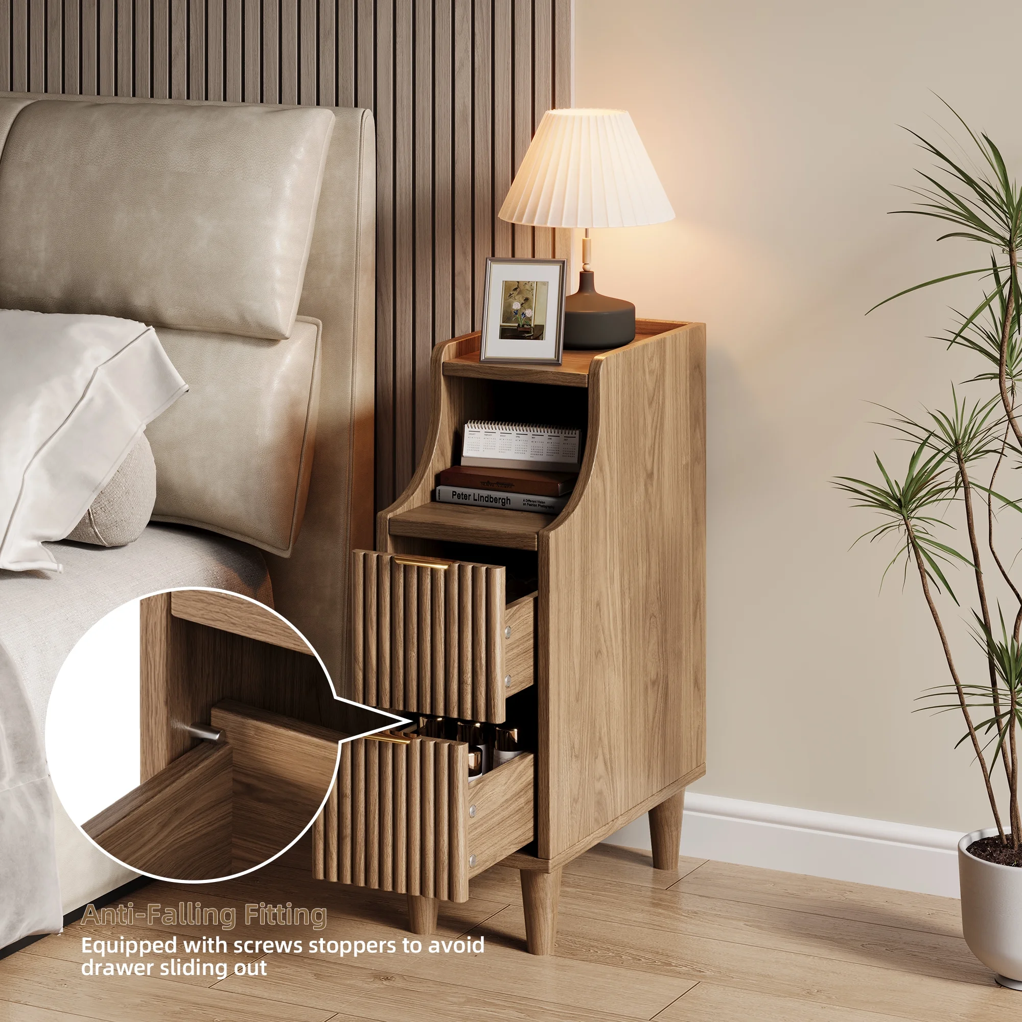 UGTOO 24.4"Tall Walnut Finish 2PC Bedside Table Set with 2 Large Drawers & Top Storage Space Open Shelf, Sturdy Wood Legs, Vintage Cabinet Nightstand for Bedroom with Metal Handle - Image 4