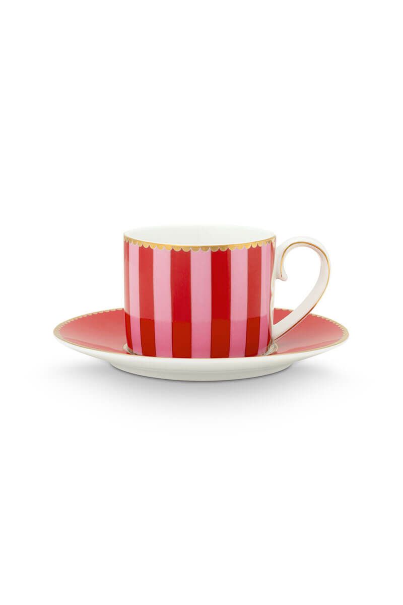 Espresso Cup & Saucer Love Birds Stripes Red-Pink