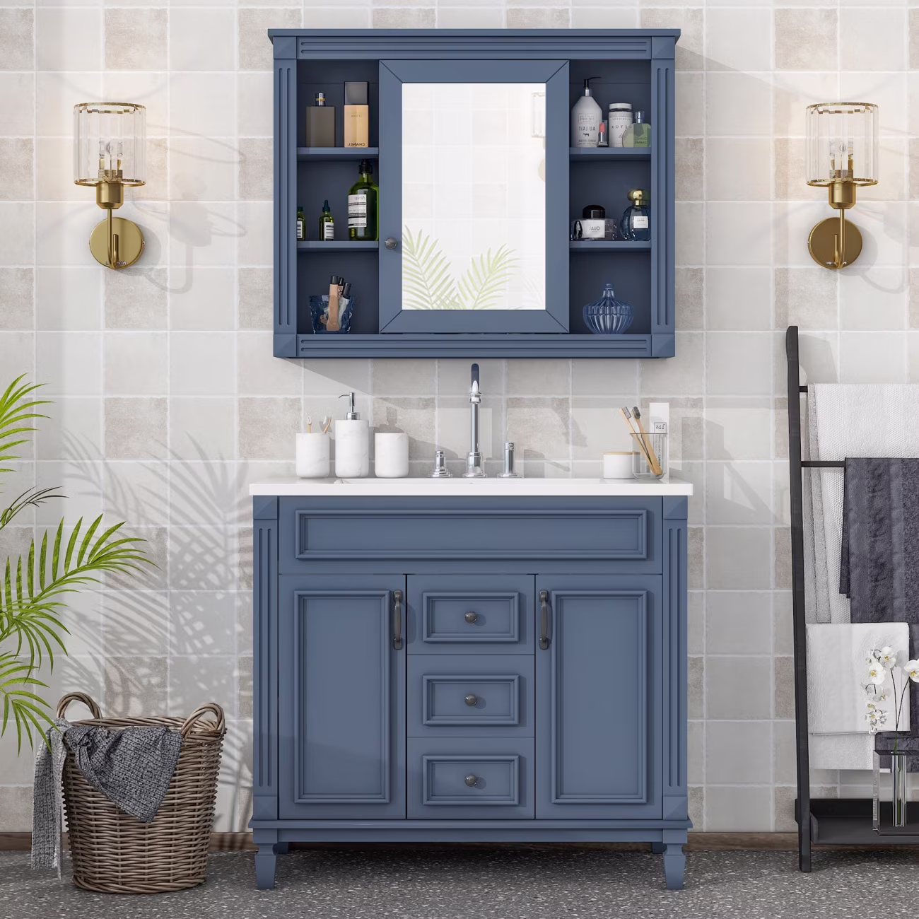 36'' Bathroom Vanity Set, Undermount Bathroom Cabinet and Mirror Cabinet, Ceramic Sink Top, Storage Cabinet with 2 Soft Closing Doors and 2 Drawers, Vanity Cabinet Set, Suit for 4'' Faucet, Gray