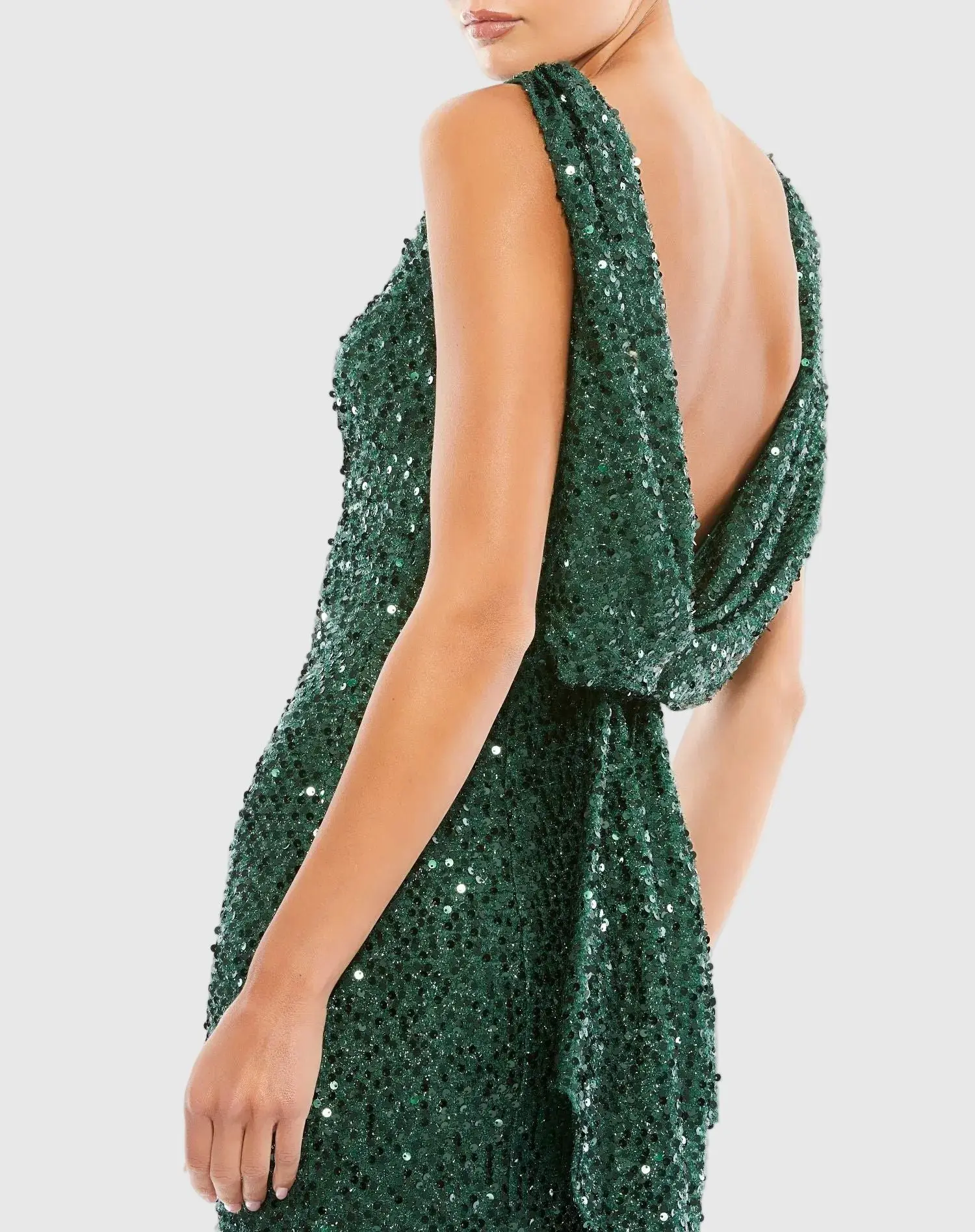 Petite Green Cowl Back Boat Neck Sequined Evening Gown - Special Events Unlimited
