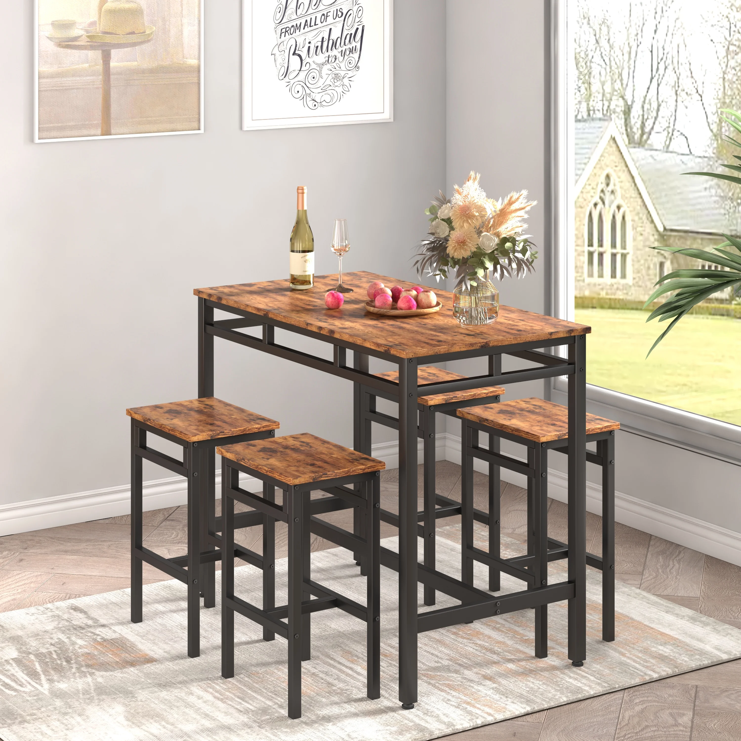 Counter Height Table Set of 5, Breakfast Bar Table and Stool Set, Minimalist Dining Table with Backless Stools, Wood Top Pub Table & Chair Set for Kitchen Apartment Bistro - Space Saving - Image 15