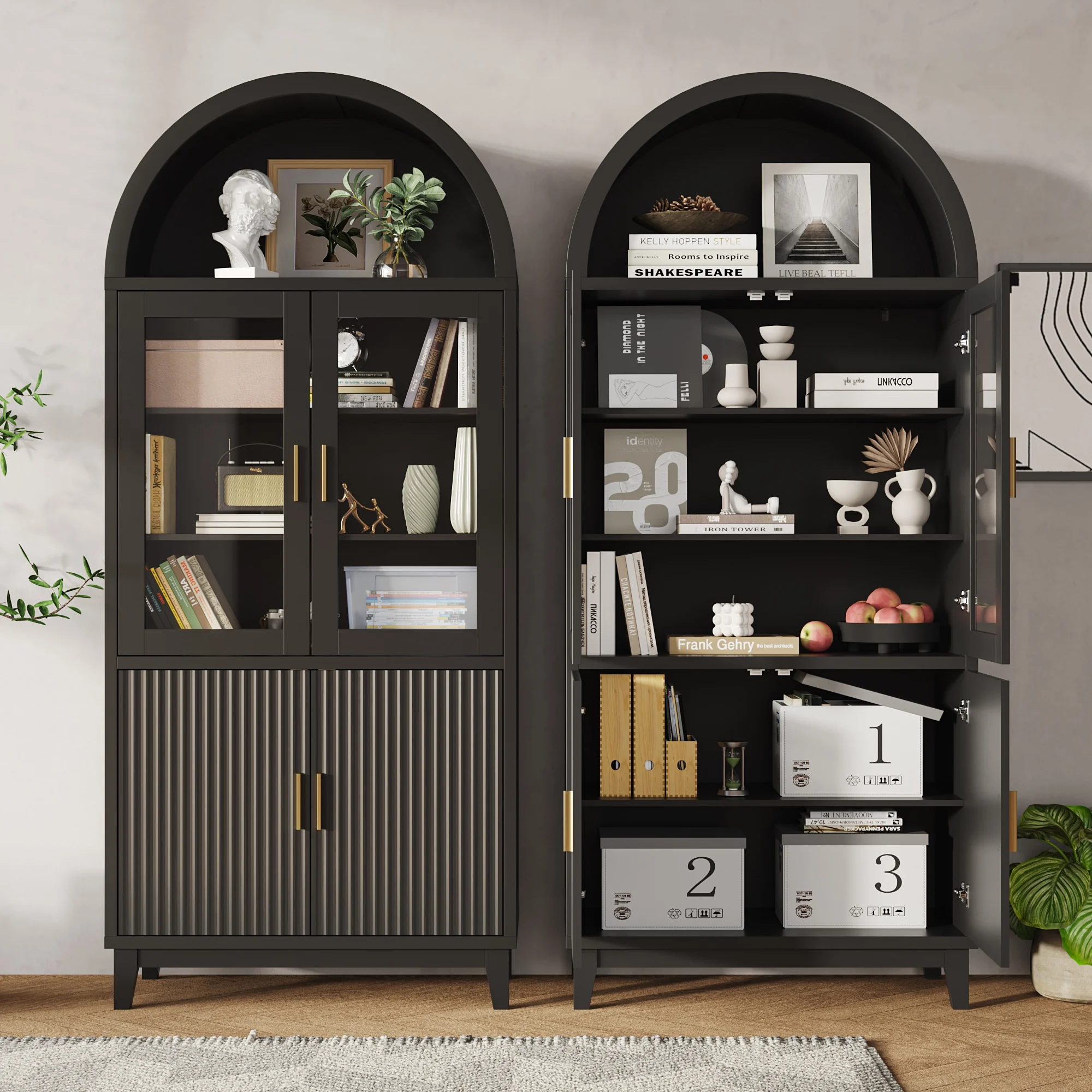 VEANERWOOD 71" Tall Arch Cabinet, Wood Fluted Kitchen Kitchen Storage Cabinet with 4 Doors and 6 Shelves for Dining Room Living Room - Image 10