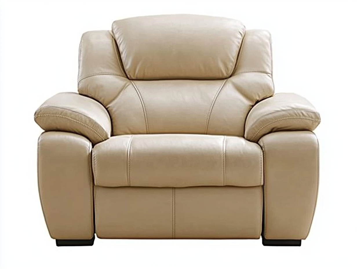Sillón reclinable en cuero beige con función de elevación eléctrica y respaldo ajustable, ideal para sala de estar