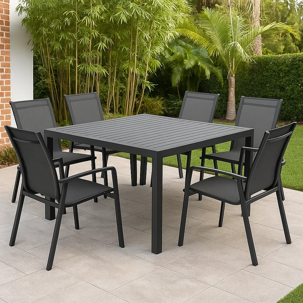 Conjunto de Comedor de Jardín Cuadrado para 6 Personas, Estructura de Acero, Incluye 1 Mesa y 6 Sillas con Respaldo de Tela, Color Negro - TdihwUz197ld