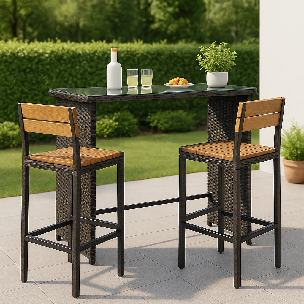 Conjunto de bar para jardín exterior, mesa alta y taburetes con estructura de metal y asientos de madera.