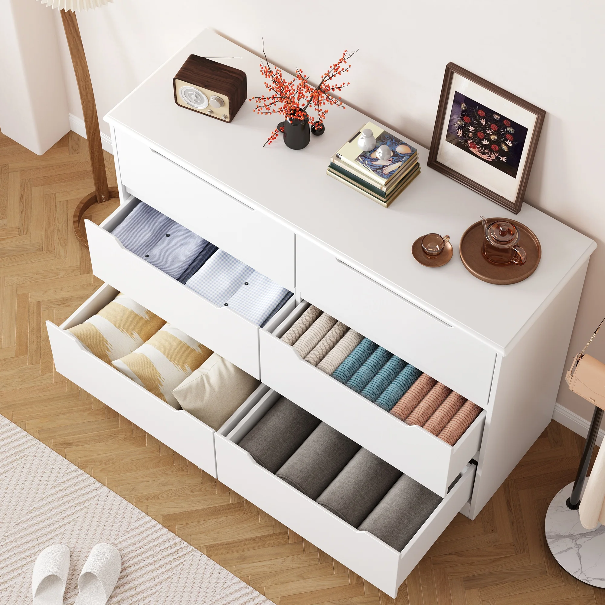 Dresser for Bedroom, Lofka 6 Drawer Double Dresser with Cutout Handles, Large Storage Capacity, Anti-Tip Safety, Modern Wood Chest of Drawers, Smooth Metal Rail, White - Image 6