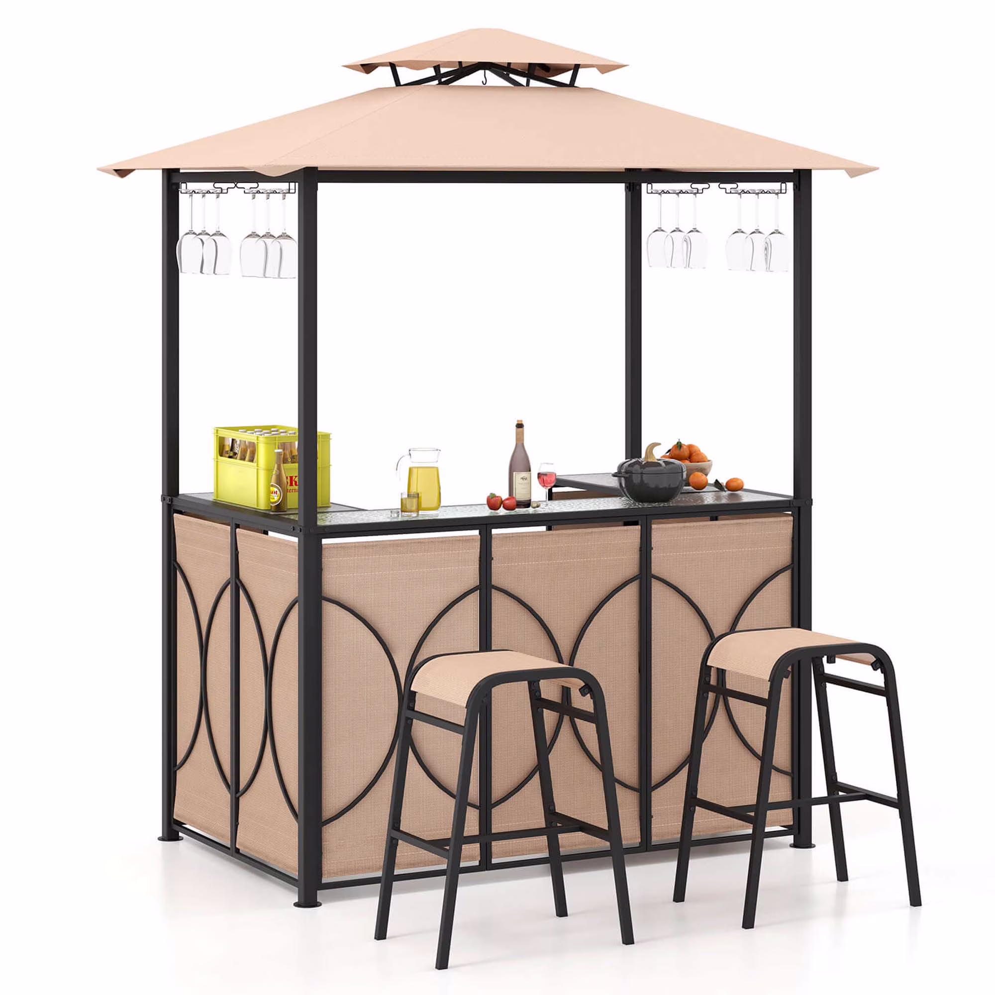 Costway 3 PCS Patio Bar Set with Tempered Glass Bar Table Metal Storage Shelves for Garden Grey