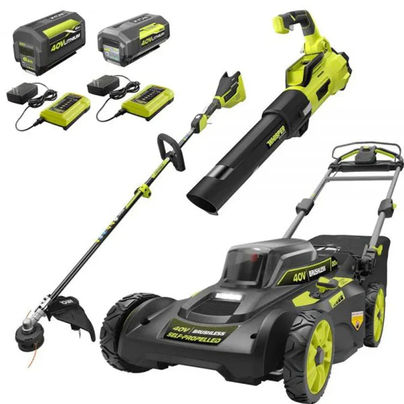 40V Brushless 20 in. Walk Behind Self Propelled Mower String Trimmer Leaf Blower with (2) Batteries and (2) Chargers