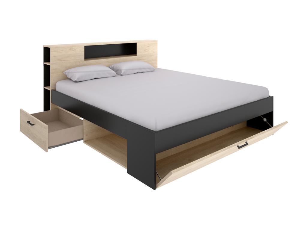Cama 180 x 200 cm con cabecero con almacenamiento y cajones - natural y antracita