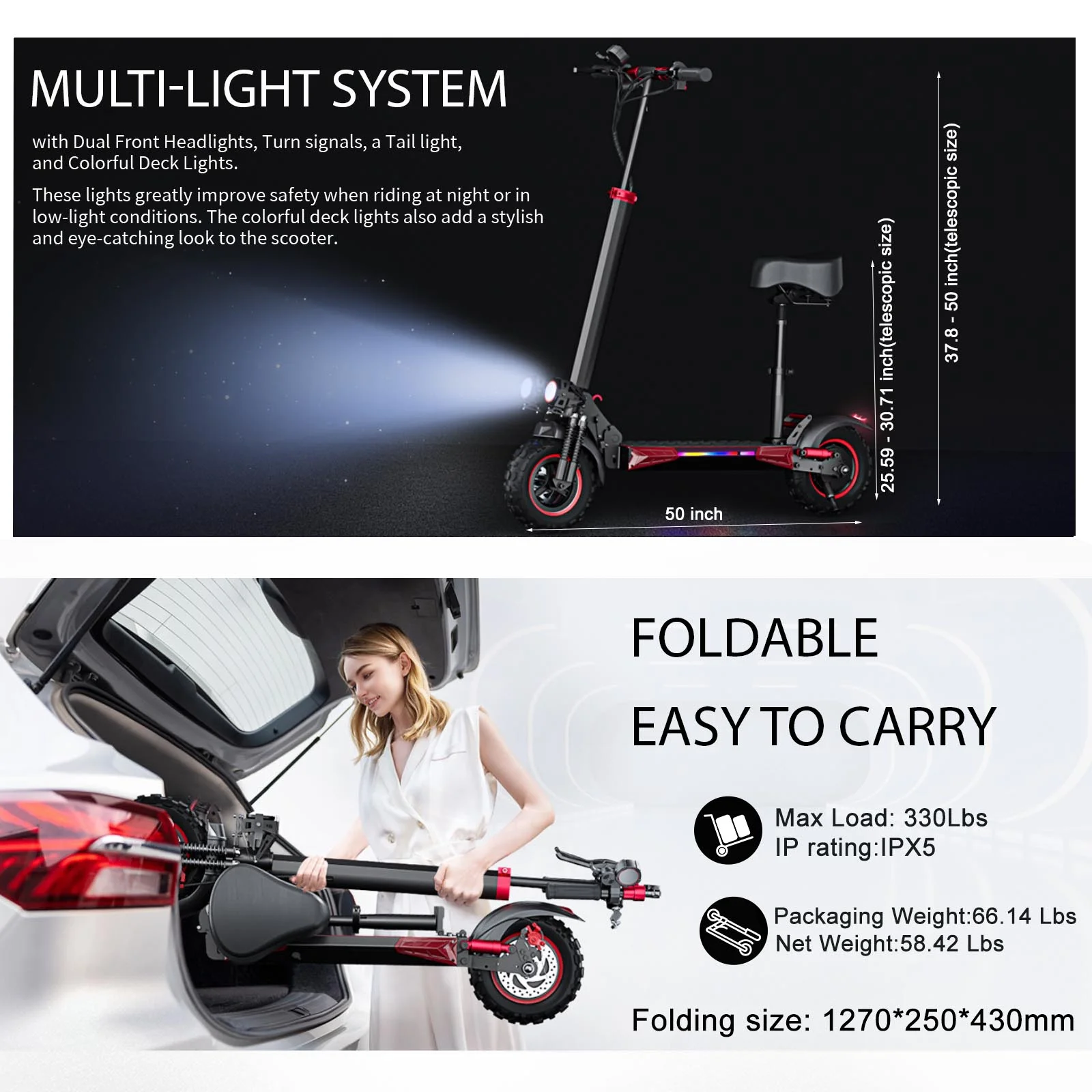 MIWEN 11'' Offroad Electric Scooter for Adult with Seat-1200W Motor up to 34MPH,30-34Miles Long Range Fast Electricscooter-48V 21Ah Foldable Escooter - Image 6