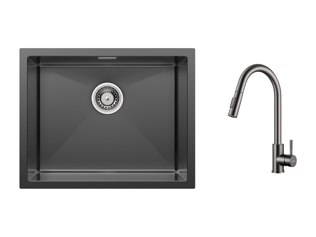 2 en1 Fregadero de Cocina 1 Bandeja 55*44*19CM, Empotrable/Fleur/ Sous-Plan, Negro +Grifo Cocina DuchaTe Extragible Gris Oscuro Rotativo 360 °