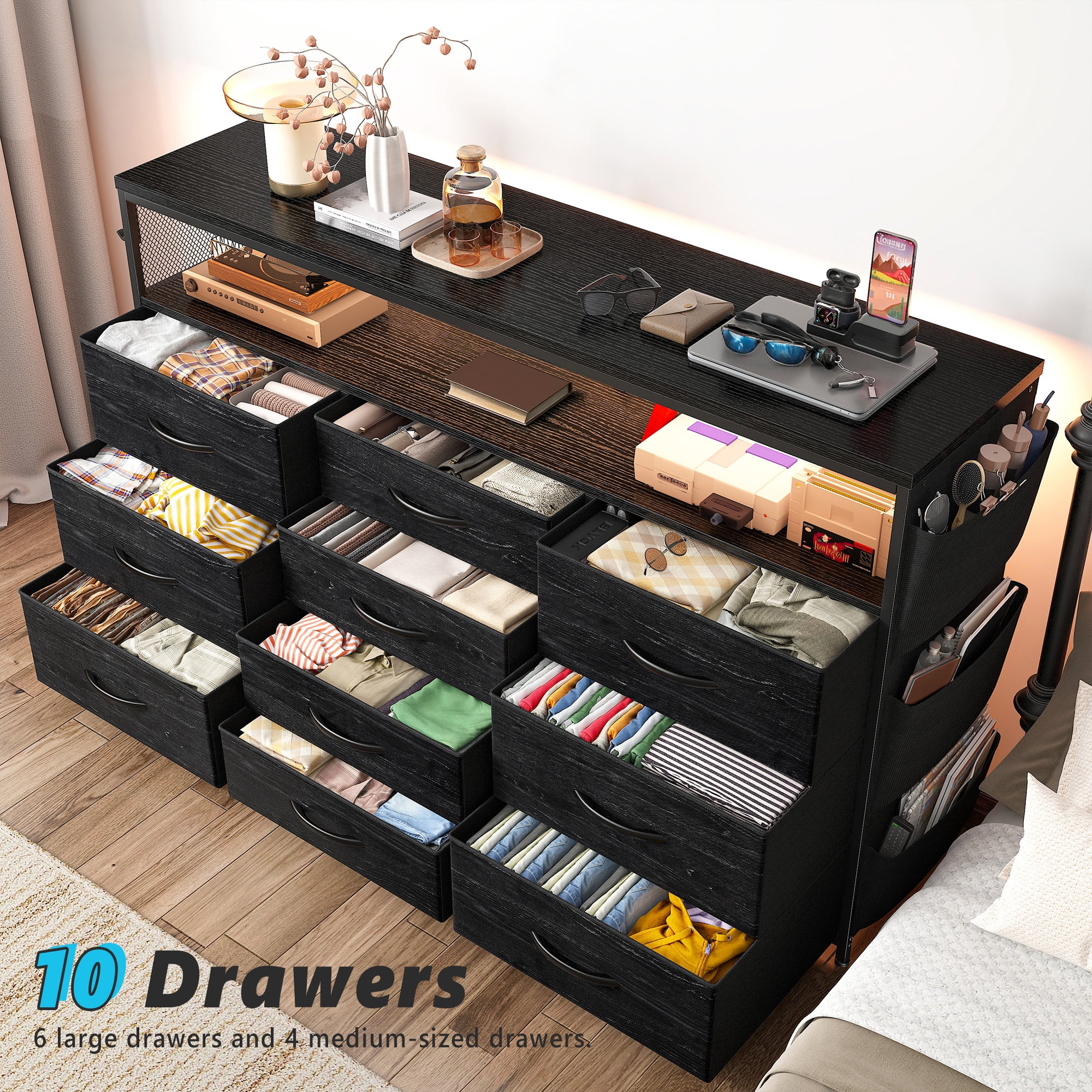 EnHomee Dressers for bedroom TV Stand with Power Outlets &LED Lights Wide Dresser with 10 Drawers&Side Pockets & Hook Fabric Chest of Drawers,Black - Image 4