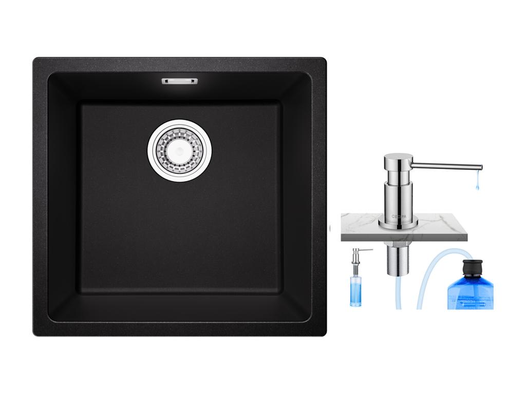 CECIPA Fregadero de Lavabo MAX 1 en Cuarzo y Resina, 3 Opciones de Montaje, 45*44*20cm + Dispensador de Jabón de Cocina Cromado 300ML
