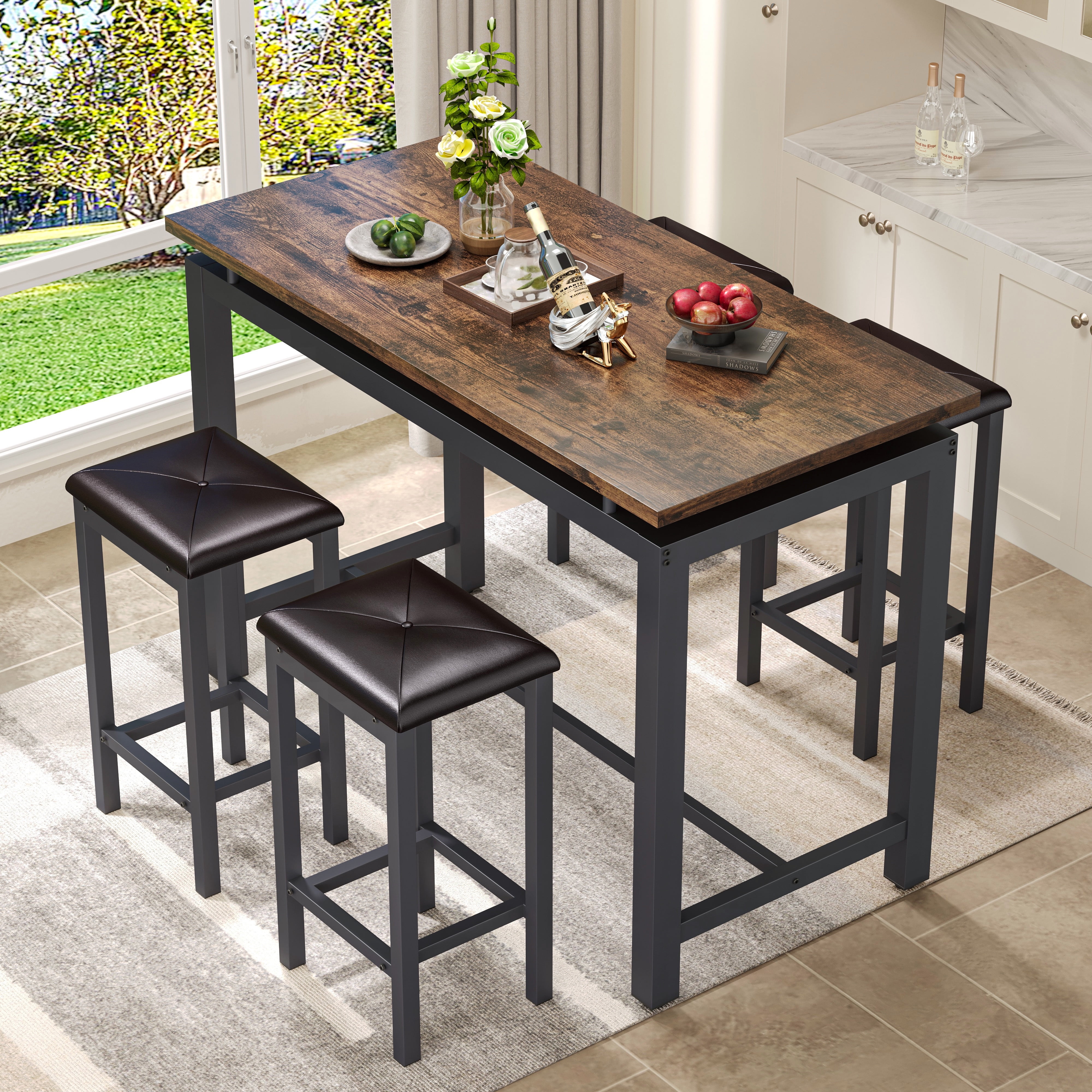 Counter Height Table Set of 5, Breakfast Bar Table and Stool Set, Minimalist Dining Table with Backless Stools, Wood Top Pub Table & Chair Set for Kitchen Apartment Bistro - Space Saving - Image 22