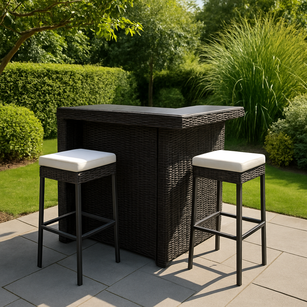 Conjunto de bar de jardín, Una mesa de esquina en forma de L y dos taburetes altos, Marrón/Blanco gTfzPPA368Ax