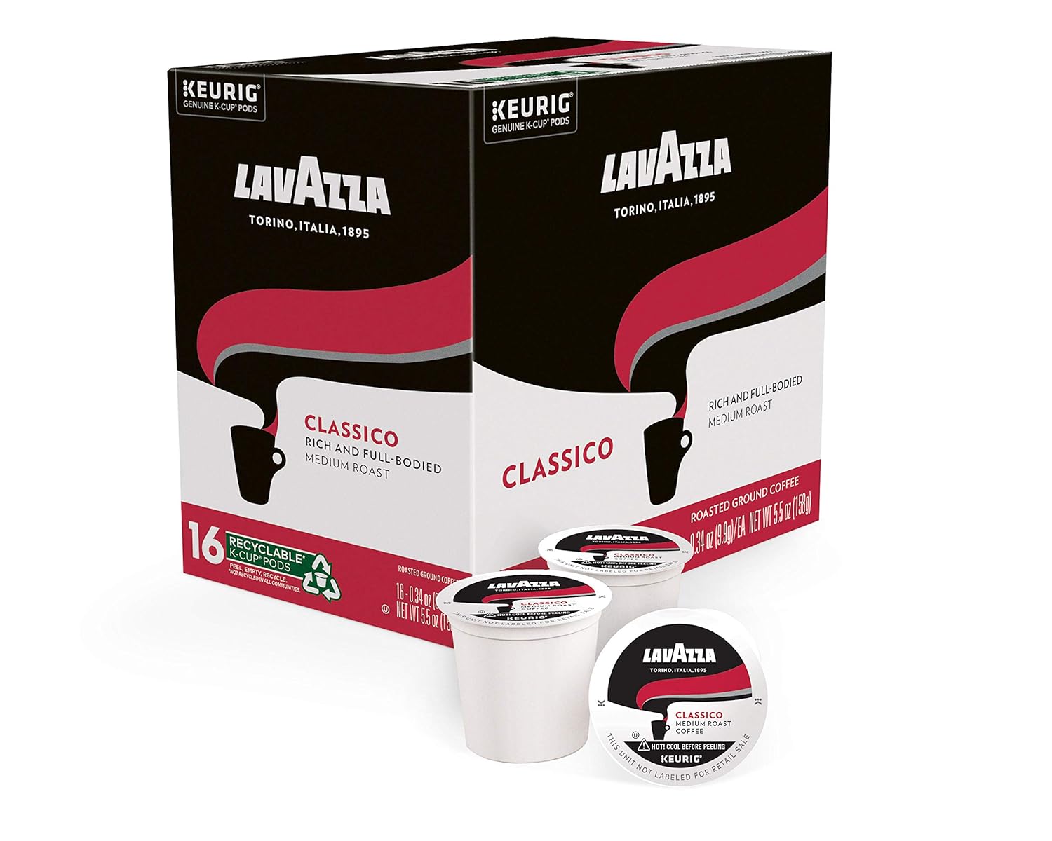 Lavazza Classico Single-Serve Coffee K-Cup® Pods for Keurig® Brewer. Medium Roast. Caps Classico. 16 Count Full-bodied medium roast with rich flavor and notes of dried fruit. Value Pack