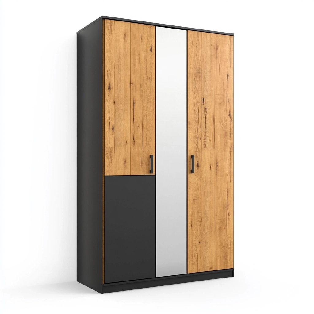 Armario moderno de madera y melamina, puertas espejo, acabado roble y negro, 200x160x60 cm II5465001