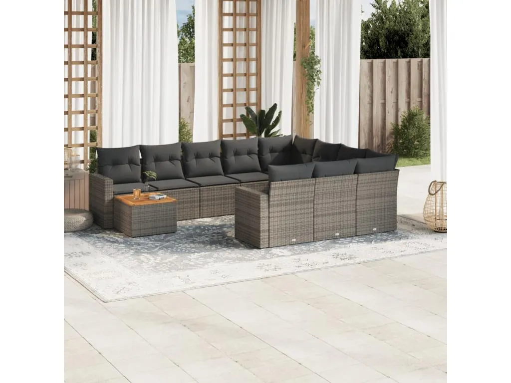 Set de sofás de jardín 11 pzas y cojines ratán sintético gris QKIZ25051