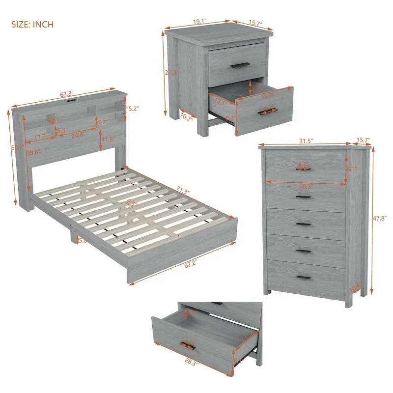Vintage Queen Size Bedroom Set: 4-Piece Wooden Bed Frame with 2 Nightstands and 1 Dresser