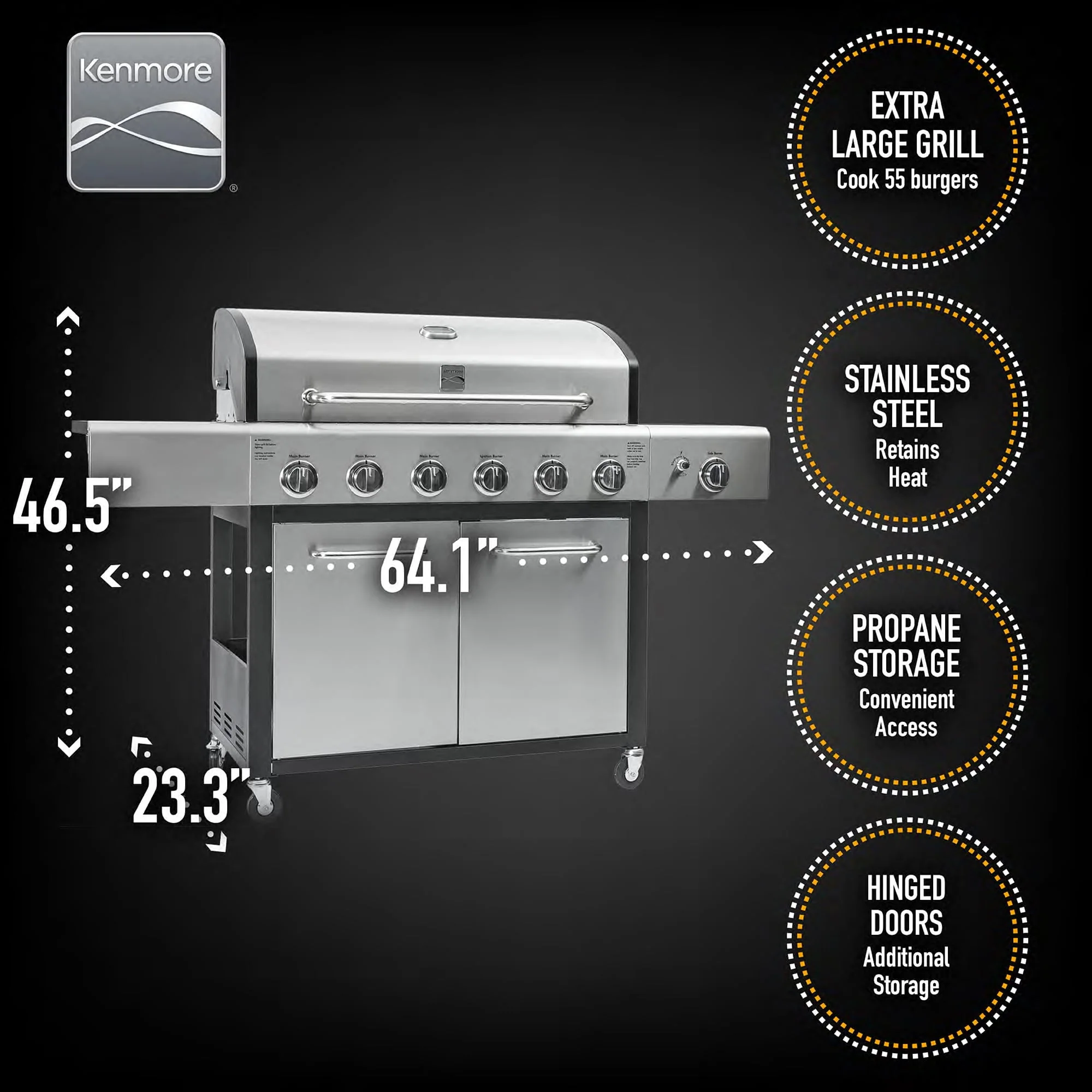 Kenmore 6-Burner Propane Gas Grill with Side Burner, PG-40611S0L, Stainless Steel with Black Trim - Image 2