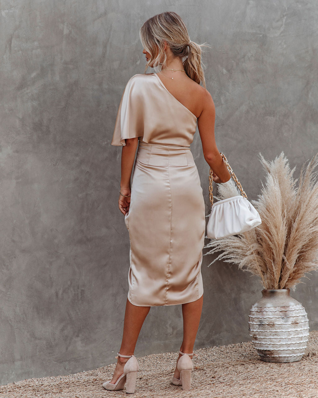 Persimmon One Shoulder Satin Drape Dress - Champagne - FINAL SALE - Se7enfashion