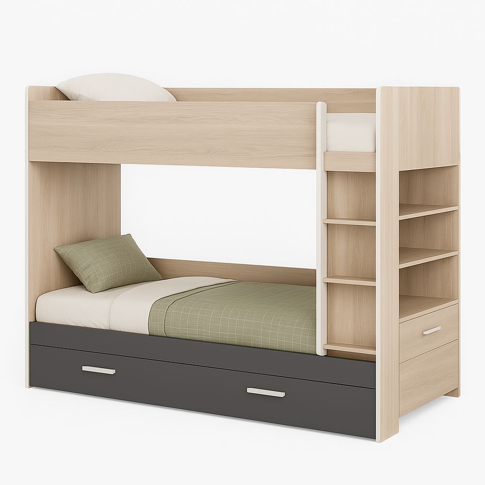 Cama literas moderna con almacenamiento, diseño funcional en madera clara y oscura, ideal para habitaciones infantiles y juveniles