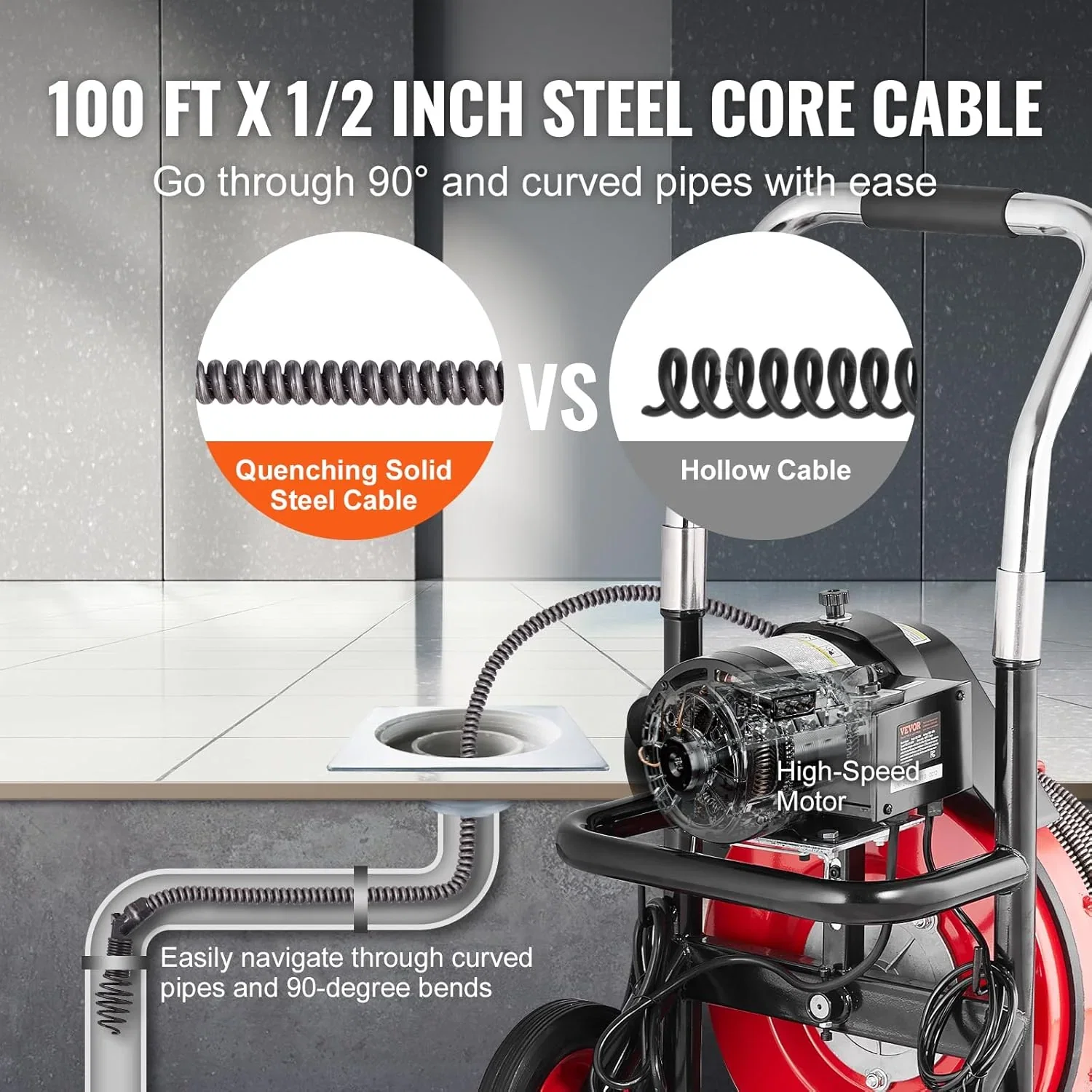 Drain Cleaner Machine 100FT x 1/2 Inch, Auto Feed Sewer Snake Auger on Wheels, 550W Portable Drain Cleaning Machine with 8 Cutters & Air-activated Foot for 2" to 4" Pipes