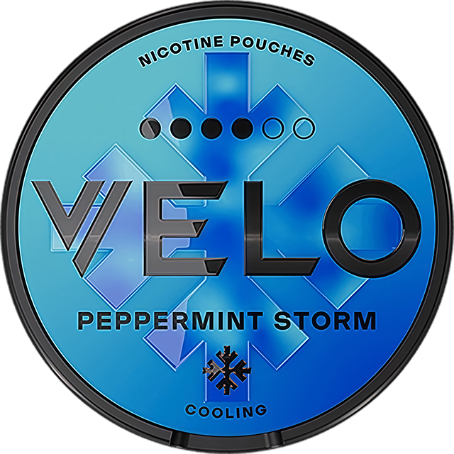 VELO Peppermint Storm 4Star 11mg nicotine pouches — Slim Moist can with 20 strong peppermint-storm pouches
