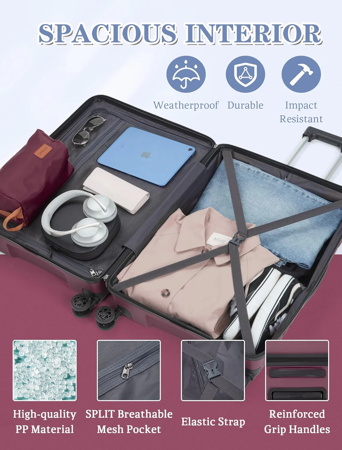 5-piece luggage set with wheels, ABS hardshell suitcase with spinner wheels