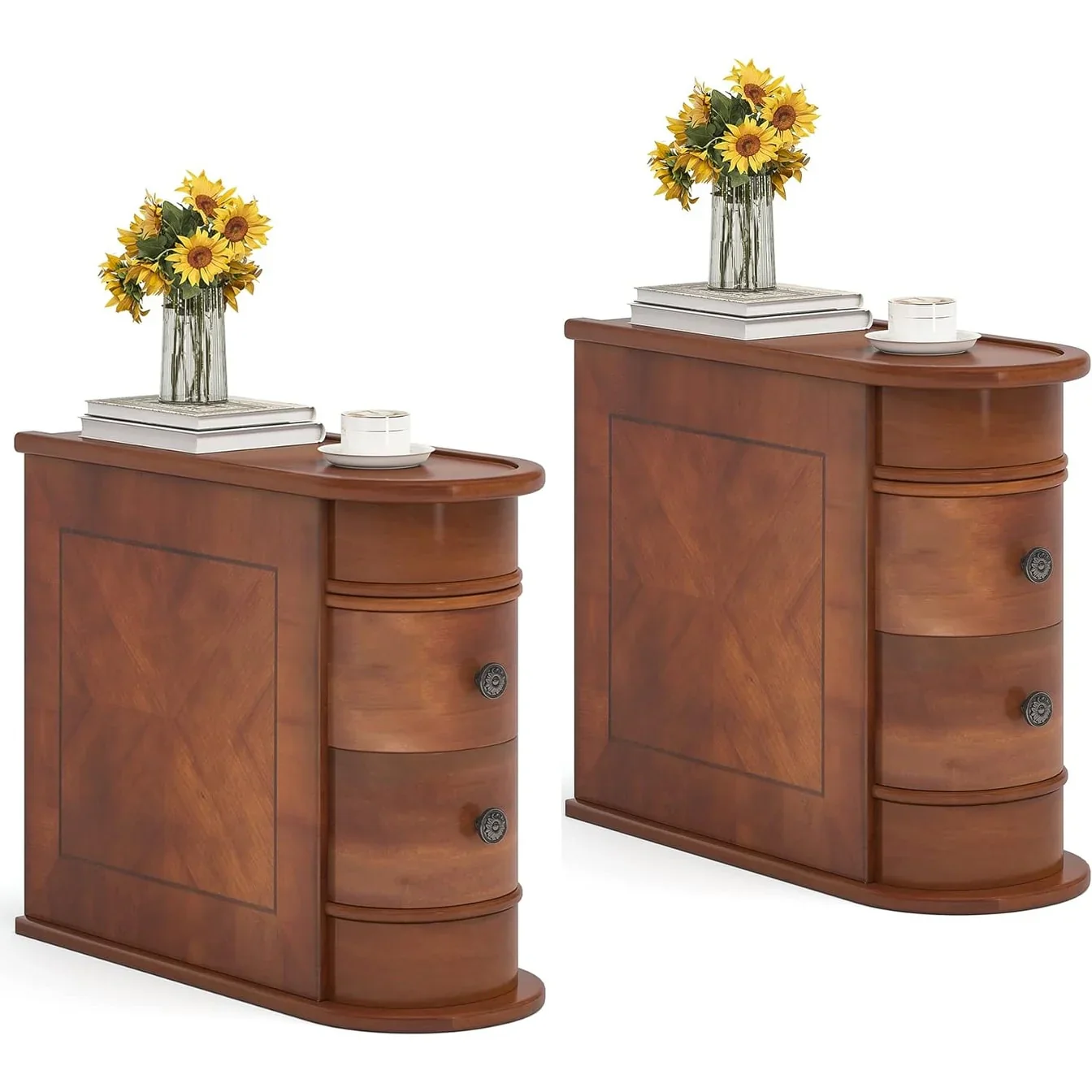 Solid Wood Chairside End Table, Two-Drawer Narrow Side Table Slim