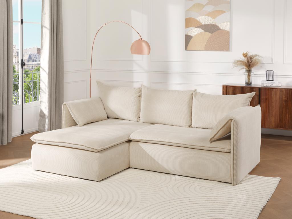 Sofá cama rinconera (ángulo izquierdo) de terciopelo de canalé beige